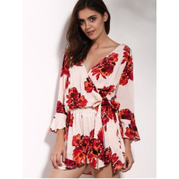 Charming V Neck 3/4 Sleeve Floral Print Loose Self-Tie Wrap Romper For Women